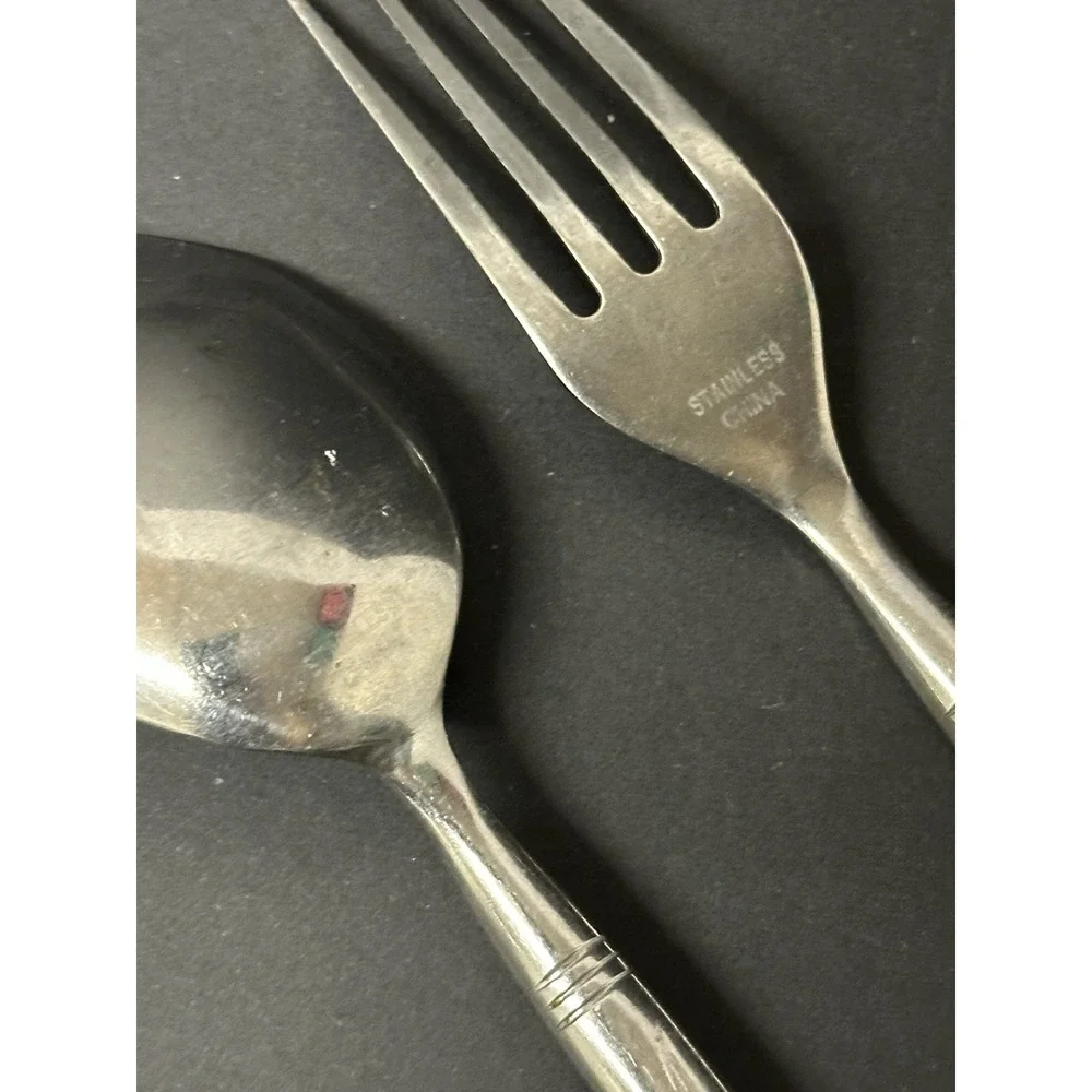 Stainless Soup Spoon & Dinner Fork Set Horizontal Bands Wavy Lines Bamboo-Like